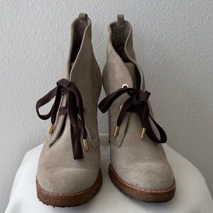 Tory Burch Taupe Suede Lace-Up Ankle Booties with Brown Laces